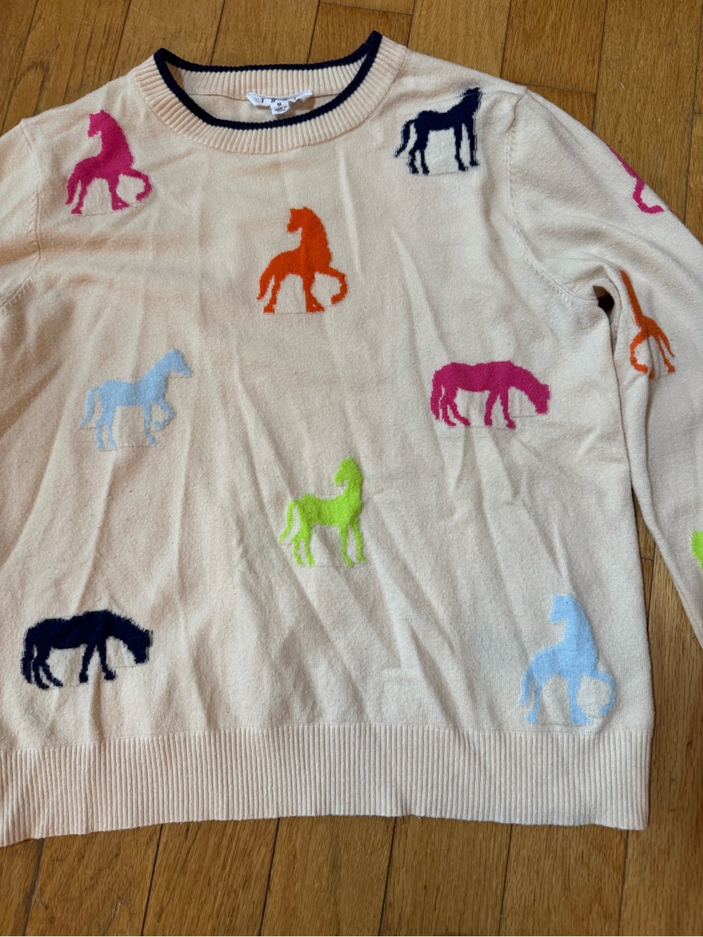 THML Womens Cream Crewneck Sweater Multicolor Horse Motifs Sz M Equestrian - Picture 3 of 11